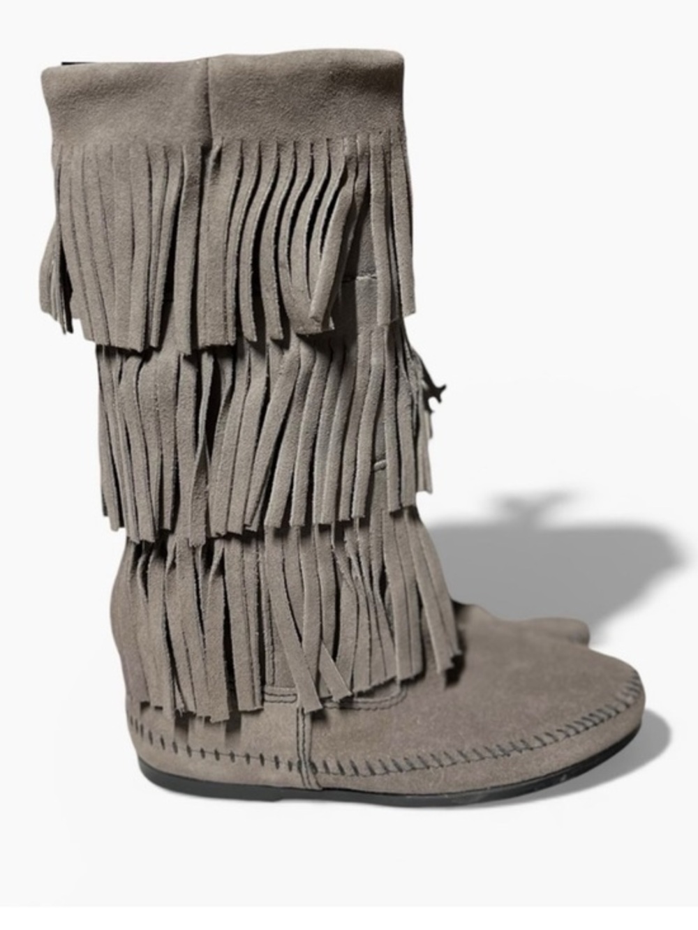 Minnetonka 3 Layer Fringe Boot Womens Gray Suede Mid Calf Boots with box size 9